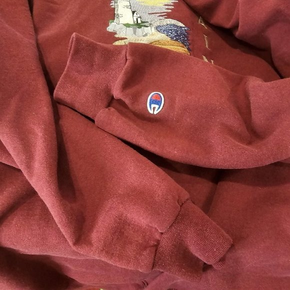 Vintage 90s Maine Large Embroidered‎ Crewneck Sweatshirt Maroon Lighthouse Beach - Picture 4 of 10